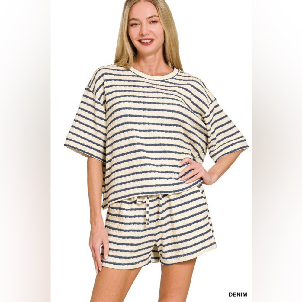 Zenana Outfitters Striped Women Short Set - Denim Blue and Cream